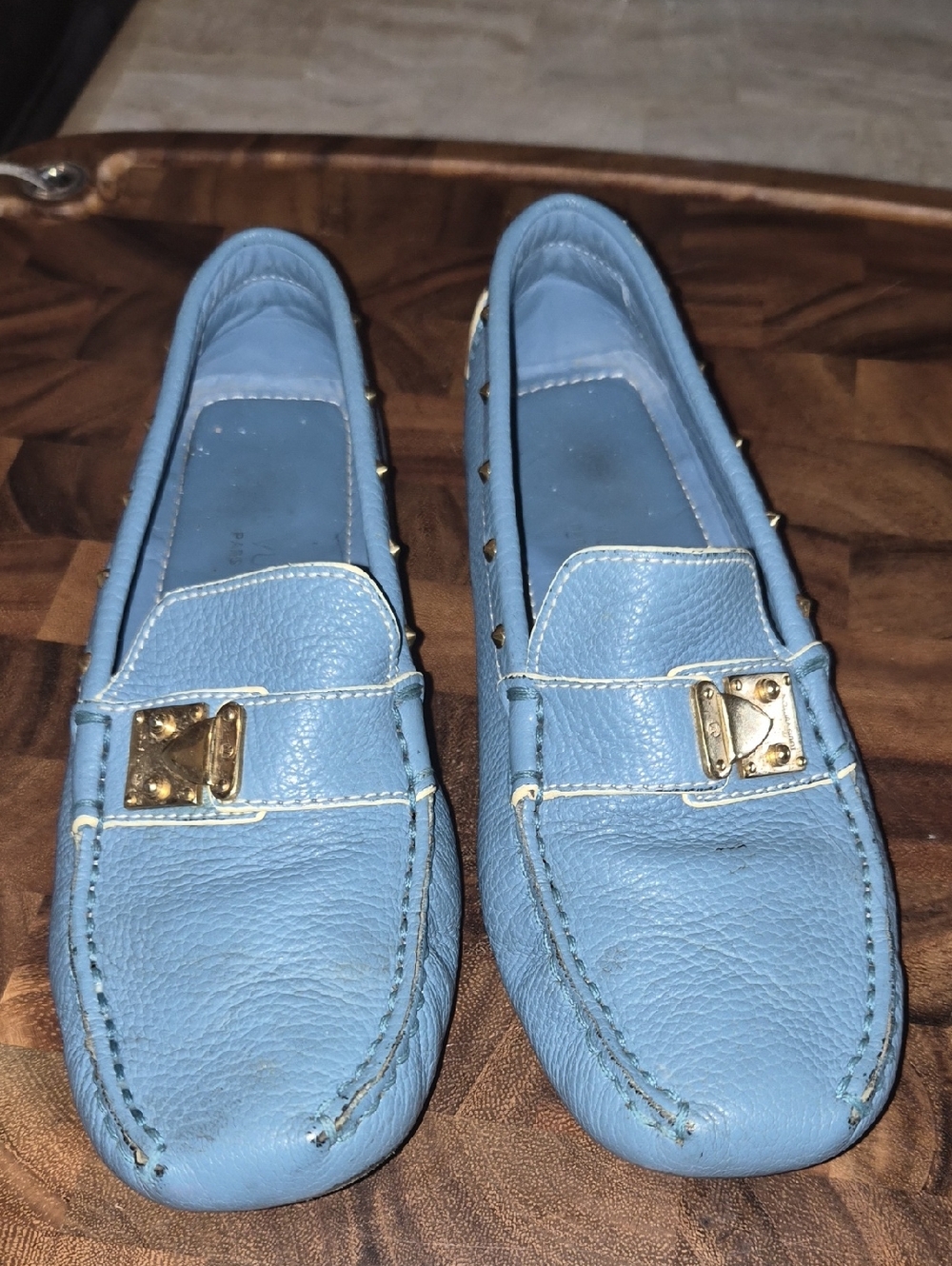 Louis Vuitton Light Blue Pebbled Leather Loafers with Gold Hardware